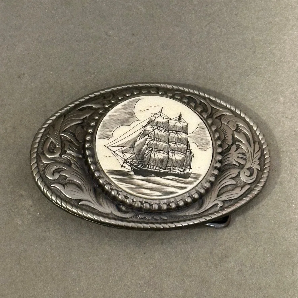 Vintage Admiral Scrimshaw Ship Belt Buckle Silver Tone Nautical Tall Ship Oval